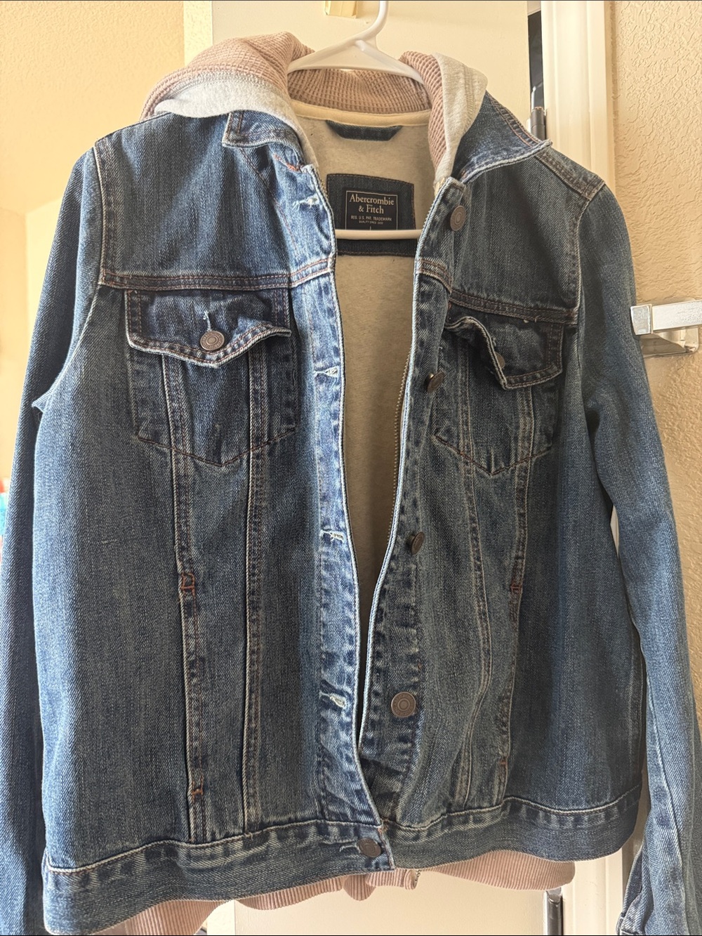Abercrombie & Fitch Blue Denim Jacket with Light Pink Hood